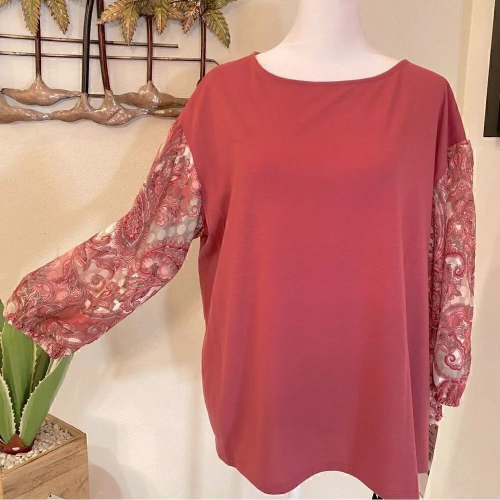 RUBY RD. PAISLEY 3/4 PUFFED SLEEVE PULLOVER TOP L NWT